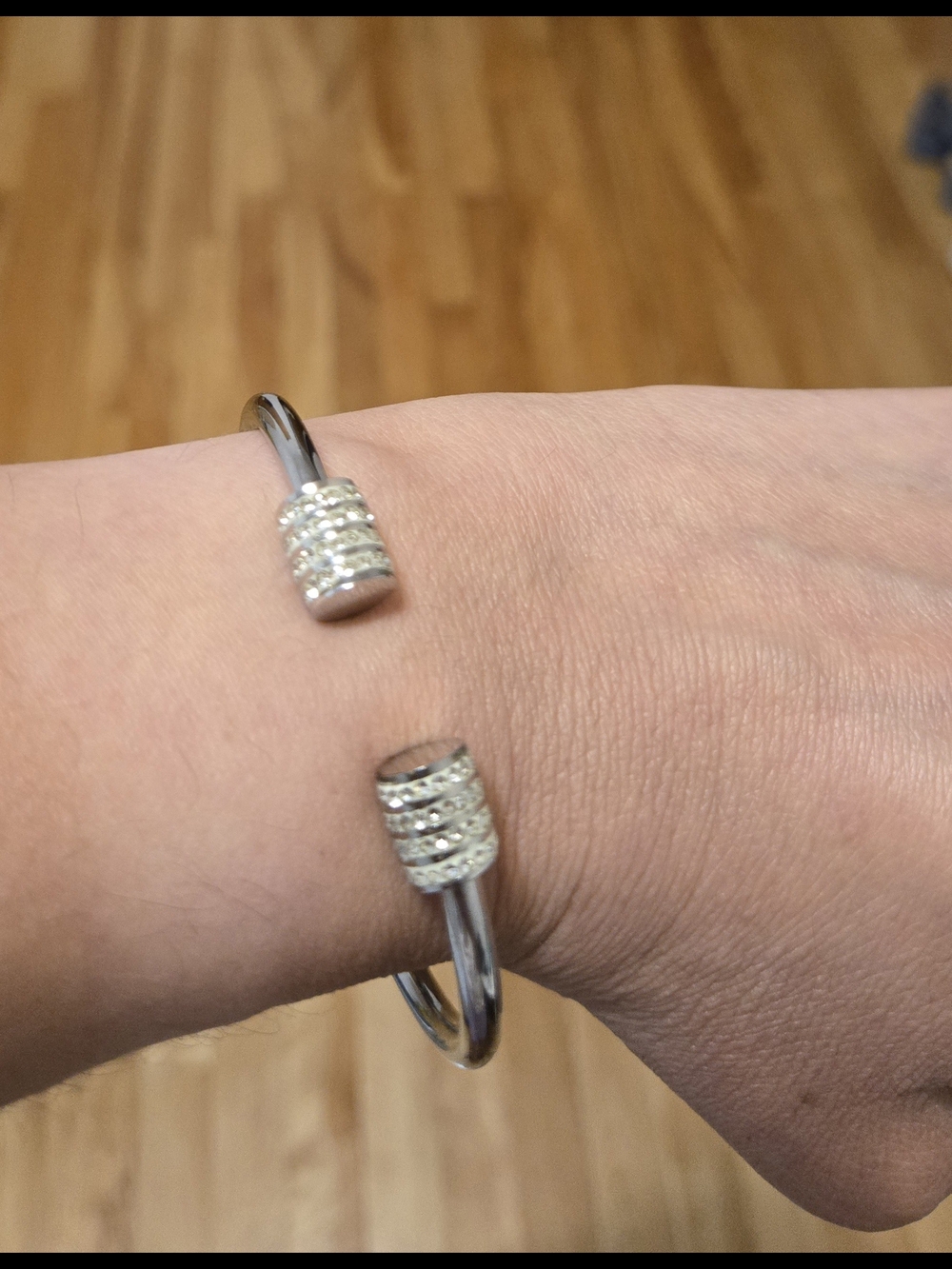 Sainless Steel Open Cuff Bracelet with Pave Crystal End Caps - Silver